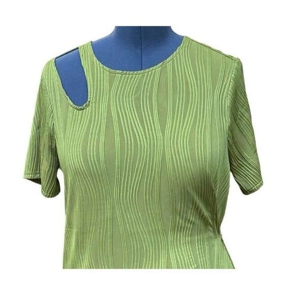 Boho Textured Squiggly Asymmetrical Top Women's XL Lime Green Cut-Out Keyhole - Picture 5 of 16